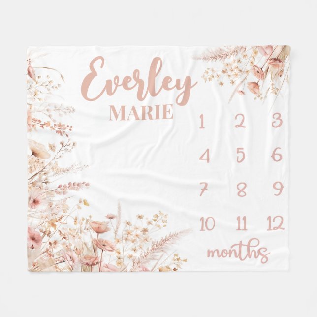 Vild-blomman Milestone Blanket, Flicka-månad Fleecefilt (Framsidan (Horisontell))