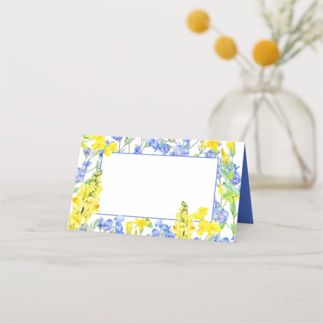 Vild blommande gul blå akvarell blomsterbröllop placeringskort (Framsida)