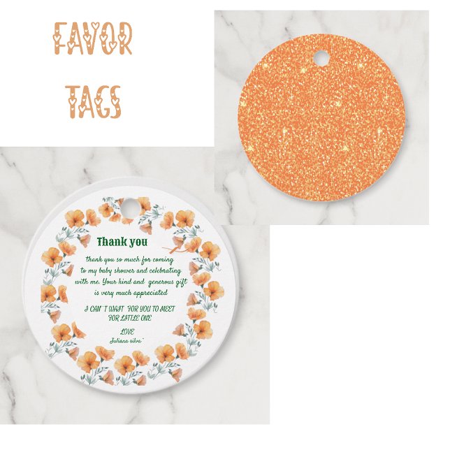 vild-blommans orange baby duschFavor-Märkre Gåvor Etiketter (thankyou card wild flower orange baby shower )
