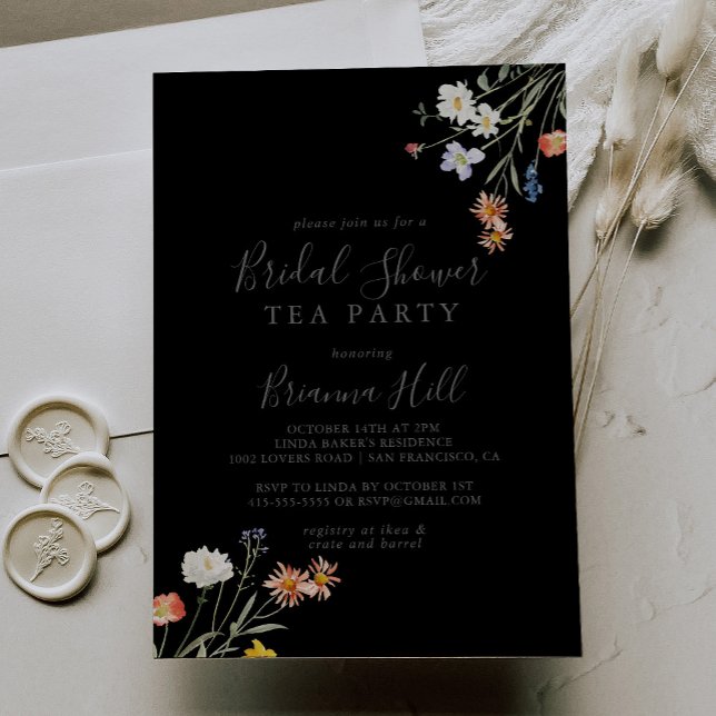 Vild Blommigt Black Möhippa Tea Party Inbjudningar (Skapare uppladdad)
