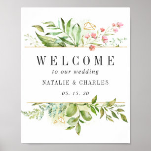 Vild Blommigt Grönt Foliage Welcome Bröllop Sign Poster