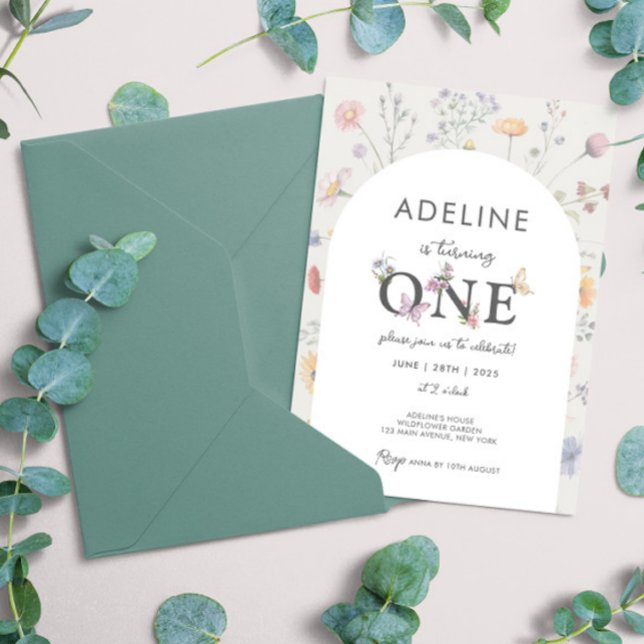 Vild Blommigt Ram Wildblomma 1:a födelsedagsflicka Inbjudningar (Wild Floral Frame Wildflower 1st Birthday Girl Invitation Wild One Flowers Themed Birthday Digital)