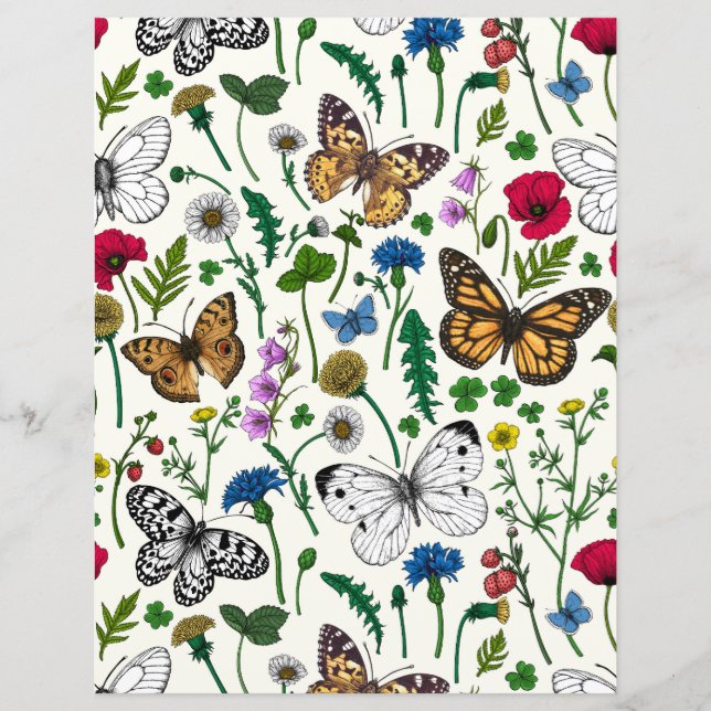 Vild blommor och fjärilar på vitt (Framsida)