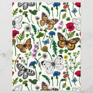 Vild blommor och fjärilar på vitt
