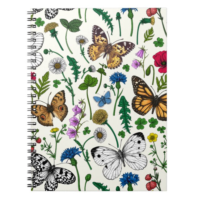 Vild blommor och fjärilar på vitt anteckningsbok (Framsidan)