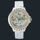 Vild blommor och fjärilar på vitt armbandsur<br><div class="desc">Handmålad samling av olika fjärilar och vilder.</div>