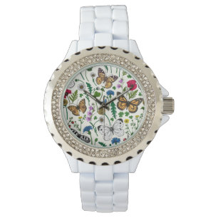 Vild blommor och fjärilar på vitt armbandsur