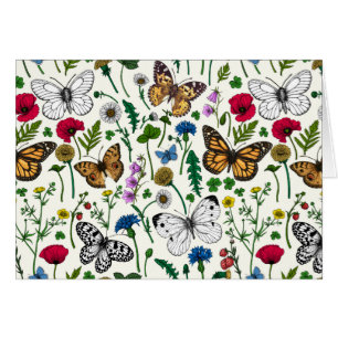 Vild blommor och fjärilar på vitt hälsningskort