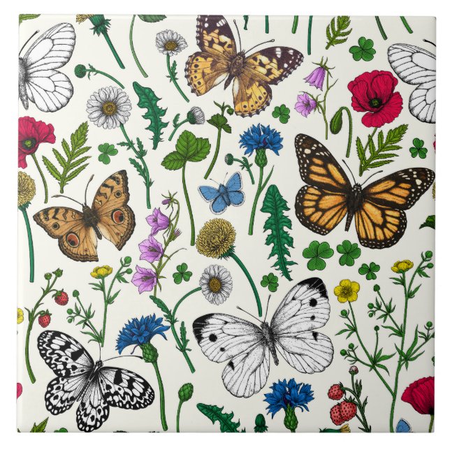 Vild blommor och fjärilar på vitt kakelplatta (Framsidan)