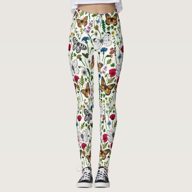 Vild blommor och fjärilar på vitt leggings (Framsida)