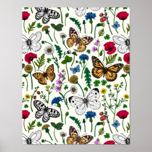 Vild blommor och fjärilar på vitt poster