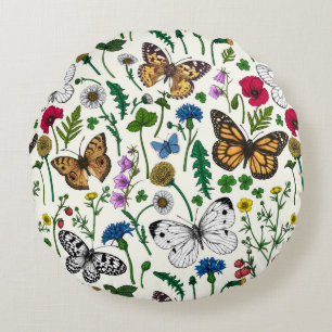 Vild blommor och fjärilar på vitt rund kudde