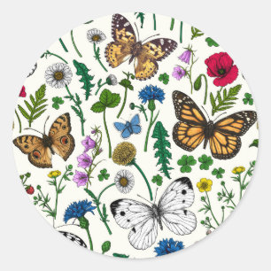 Vild blommor och fjärilar på vitt runt klistermärke