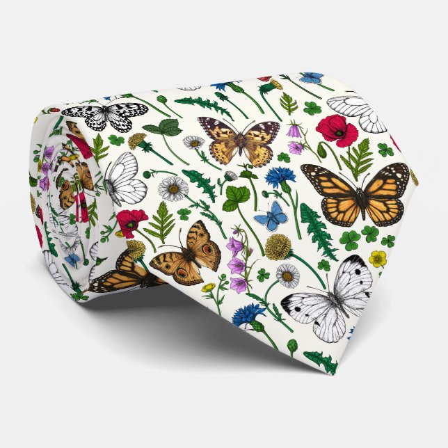 Vild blommor och fjärilar på vitt slips (Rullad)