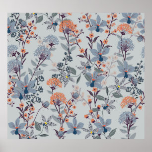 Vild blommor på blått, botaniskt mönster. poster