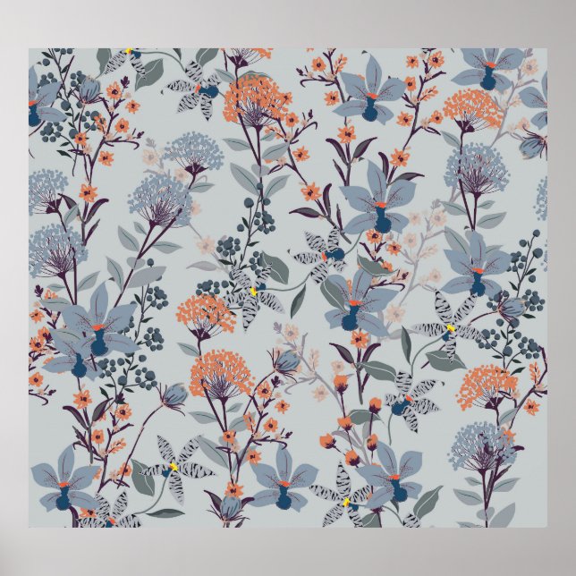 Vild blommor på blått, botaniskt mönster. poster (Framsidan)