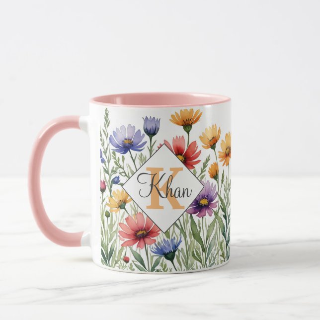 Vild blommor personlig namn och första brev mugg (Vänster)