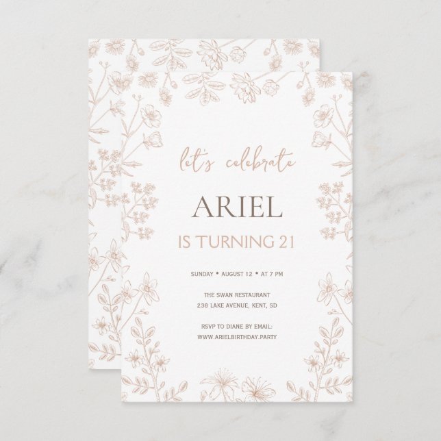 Vild blommor teckning söt blommigt 21:a födelsedag inbjudningar (Fram/baksida)