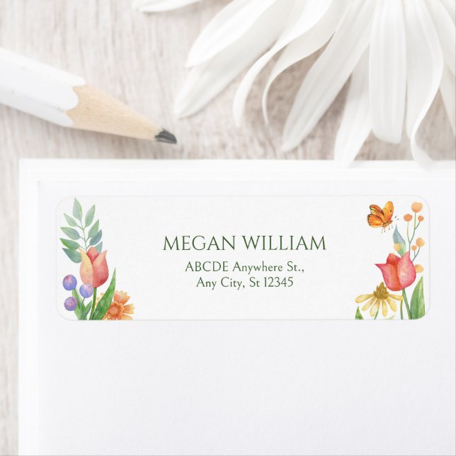 Vild blommor, vattenfärg returadress etikett (Insitu)