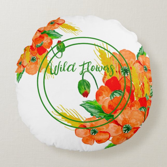 Vild blommor, vattenfärg rund kudde (Framsidan)