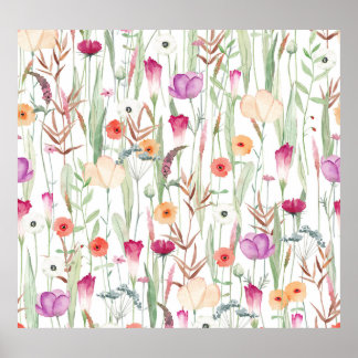 Vild Blommor Vattenfärg Sömlös design Poster