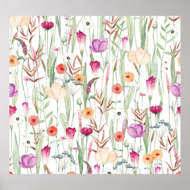 Vild Blommor Vattenfärg Sömlös design Poster (Framsidan)