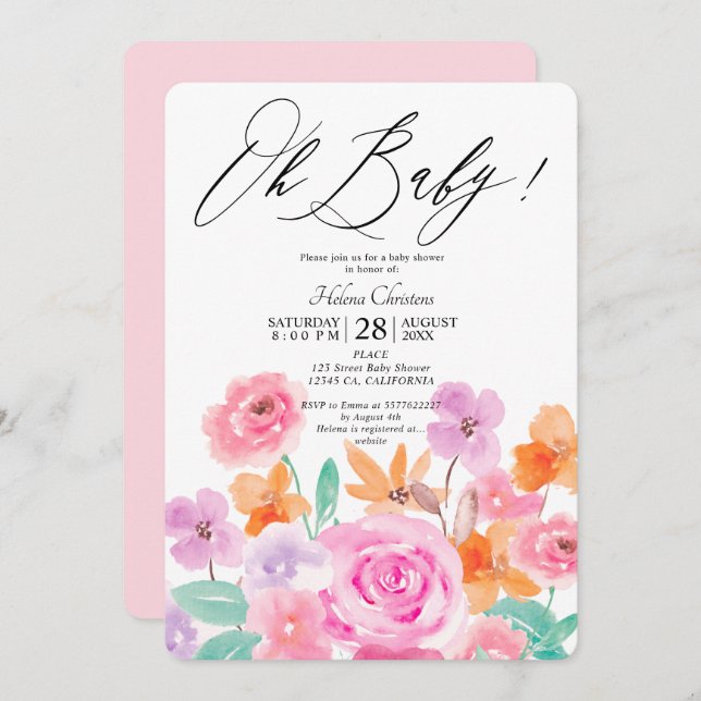 Vild blommor vattenfärgsdusch för blommigten vår inbjudningar (Fram/baksida)