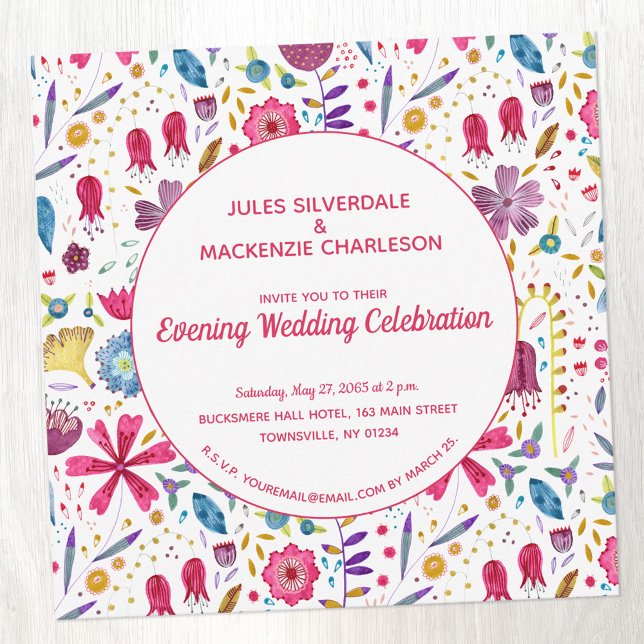 Vild Blommvattenfärg Bröllop kvällsmottagning Inbjudningar (Watercolor wildflower evening wedding reception invitation)