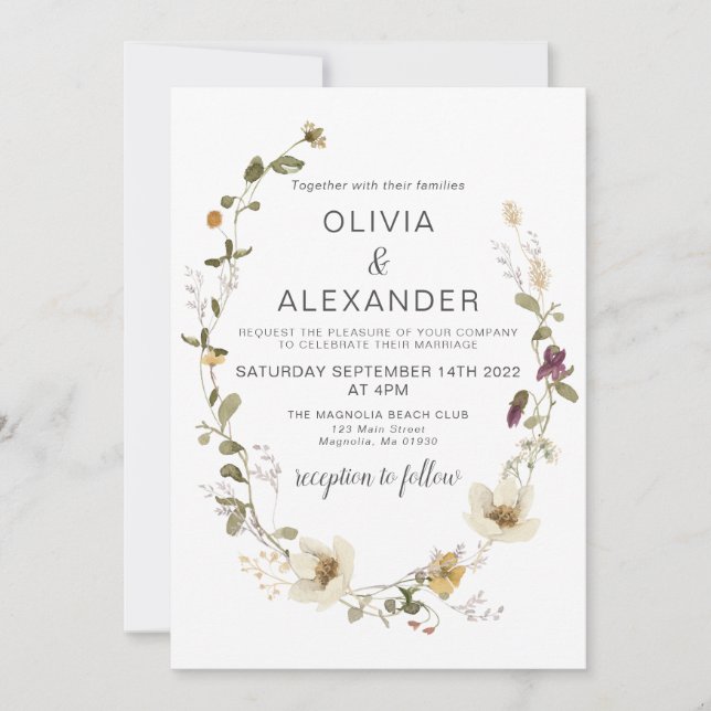 Vild blomster boho trädgård blomsterkrans inbjudningar (Framsida)