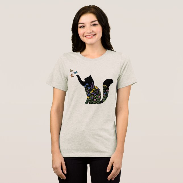 Vild blomsterkatt Siluett Fjäril  T Shirt (Framsida Full)