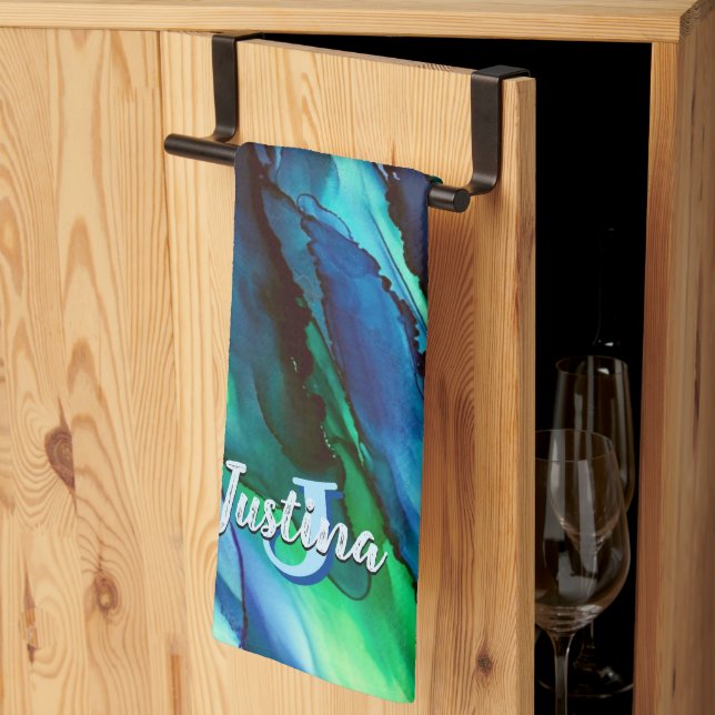 Vild Blue Oceanscape Alcohol Bläck Kökshandduk (Thirds Fold)