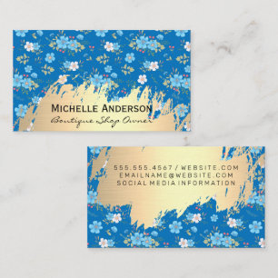 Vild Blue White Flowers Guld Metallic Brushed Visitkort