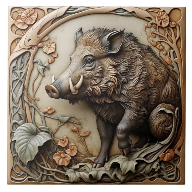 Vild Boar - Art nouveau keramiskt plattor Kakelplatta (Framsidan)