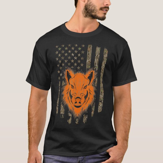 Vild Boar Hunting Hog Hunter American Flagga T Shirt (Framsida)