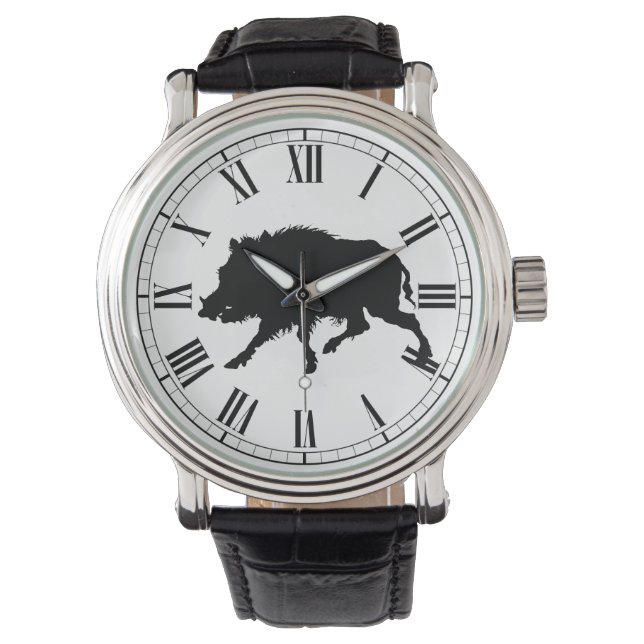 Vild Boar i Black Silhouette Hunting Man's Armbandsur (Framsida)
