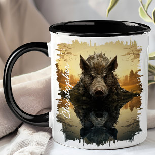 Vild Boar i reflektion från Sjö hösten Mugg