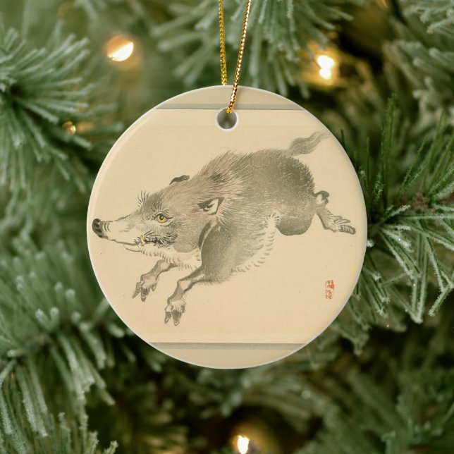 Vild Boar (japansk konst) (av Kono Bairei) Julgransprydnad Keramik (Träd)