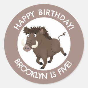 Vild boar razorback personlig tecknad födelsedag runt klistermärke