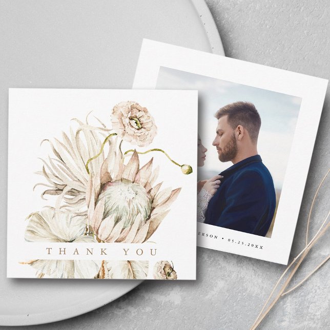 Vild Boho Protea Pampas Grass Bröllop Square Photo Tack Kort (Front & Back)