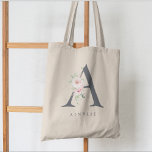 Vild  botaniska Blommigten Brev A Monogram Tygkasse<br><div class="desc">Elegant vattenfärgsblommor av  rosa och finskuren trädgårdsgrej,  adorberad på brev ’A’ i skifferväska,  grått av monogram,  toteväska. Bag har en enda malltextrad som du kan anpassa med namn.</div>