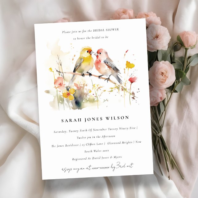 Vild Botaniskt vattenfärgsfärgad Love birds Möhipp Inbjudningar (Skapare uppladdad)