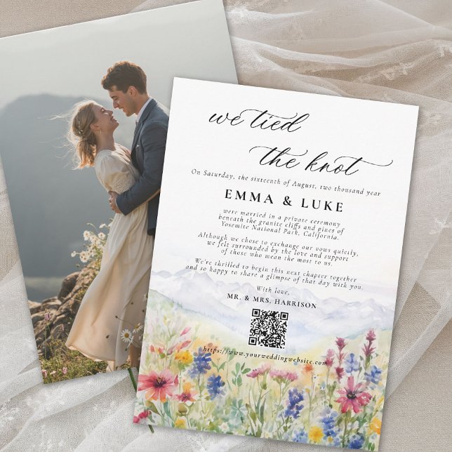 Vild Bröllopsflykt Bergsfotograf Bröllopsannonseri Meddelande (elopement wedding announcement card qr code mountain wildflowers meadow watercolor photo qr)