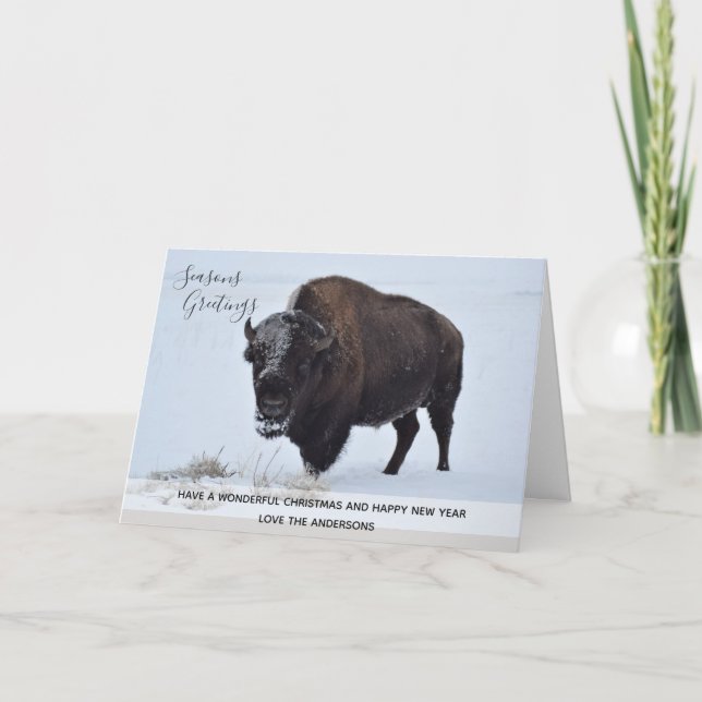 Vild Buffalo Bison julvintern Snö Anpassningsbar Helgkort (Framsida)