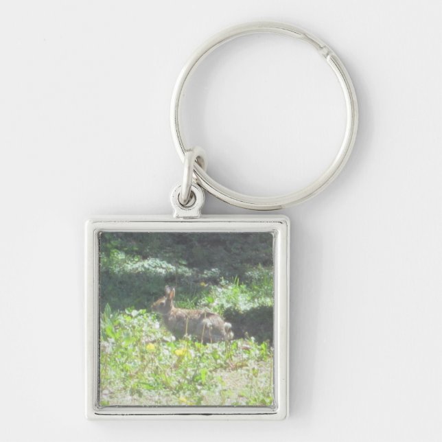 Vild Bunny Keychain Fyrkantig Silverfärgad Nyckelring (Framsidan)