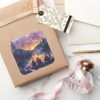 Vild Camping Hiking Nature Watercolor Fyrkantigt Klistermärke