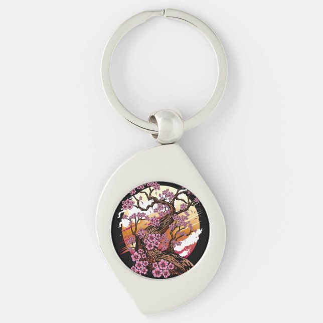 Vild Cherry Blommar Swirl Silverfärgad Nyckelring (Framsidan)