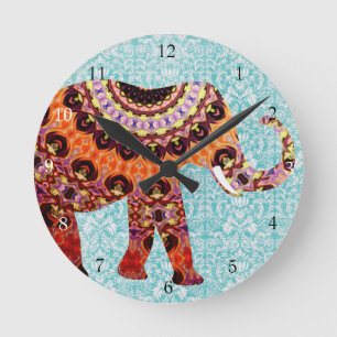 Vild Colorful Boho Elephant Mönster Rund Klocka