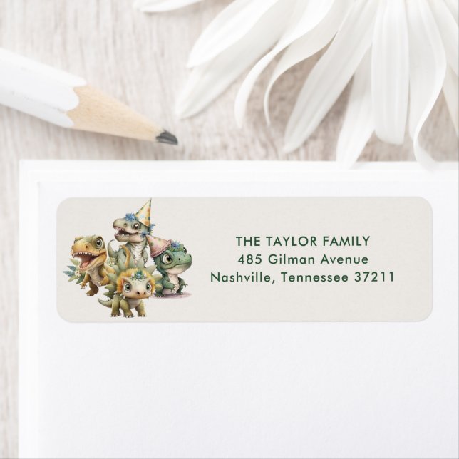 Vild Cute Dinosaur Barns födelsedag Adress Returadress Etikett (Insitu)