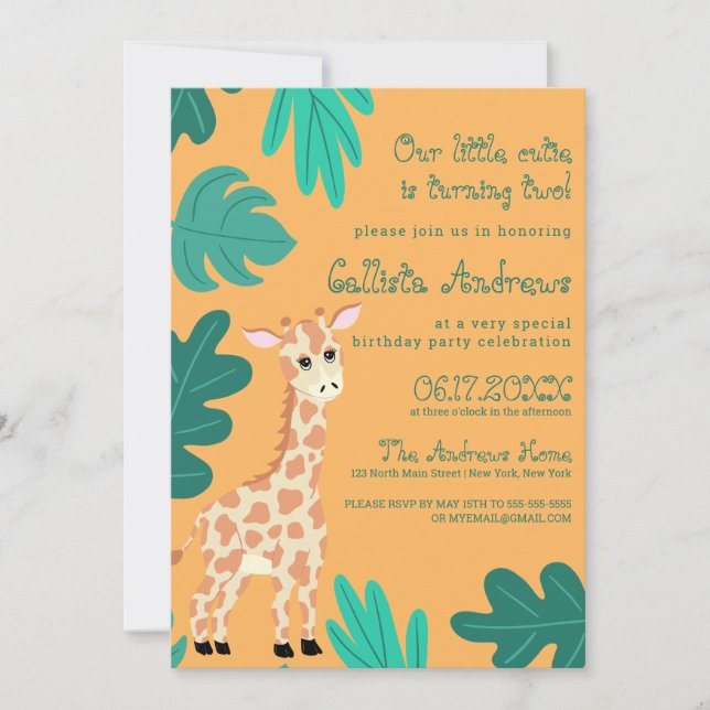 Vild Cute Grönt Orange Giraffe Löv Birthday Inbjudningar (Framsida)