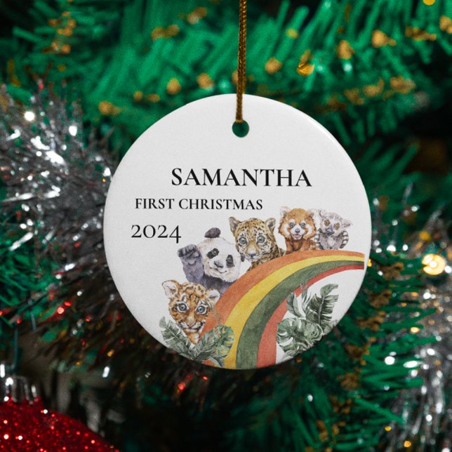 Vild Cute Jungle Animals Regnbåge Första jul Julgransprydnad Keramik (Skapare uppladdad)